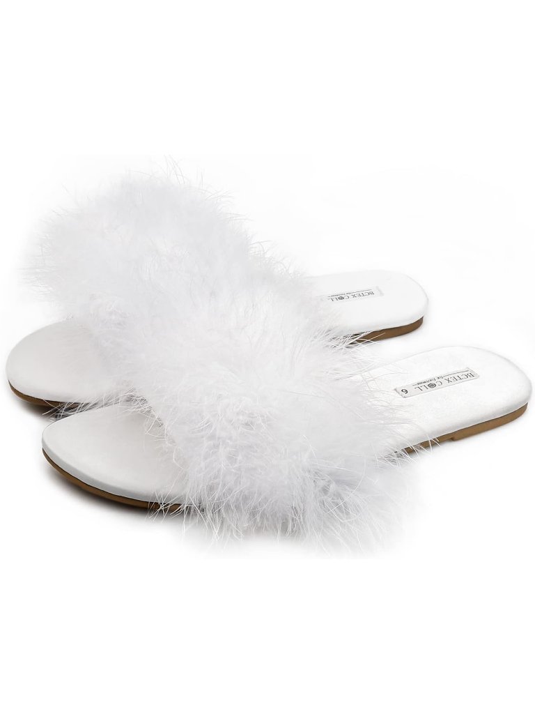 Women's White Natural Rubber Fuzzy Open Toe Slippers Fluffy Indoor House Slides
